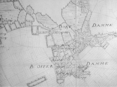 Ausschnitt aus der Grenzkarte von Osingh aus dem Jahre 1728 mit Blickrichtung von Norden nach Sden. Auf der Karte ist unten die Lage des Hofes Klausing und etwas weiter darber (also sdlich) die Lage des Hofes Ltke Klausing (Kleine Klausing) in Osterdamme vermerkt. - Cutout from the border map of Osingh from 1728 with the line of sight from the north to the south. On the map the farm Klausing (in the north - on the map below) and the farm Luetke Klausing (lower german - it means Kleine Klausing) in Osterdamme are noted. Quelle/source: Bade/Kessel/Oberpenning/Schindling (Hg.): Damme - Eine Stadt in ihrer Geschichte; Thorbecke-Verlag, Sigmaringen 1993